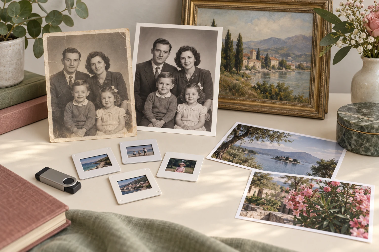 Photos anciennes, reproductions papier, tableau et diapositives avec une clé USB