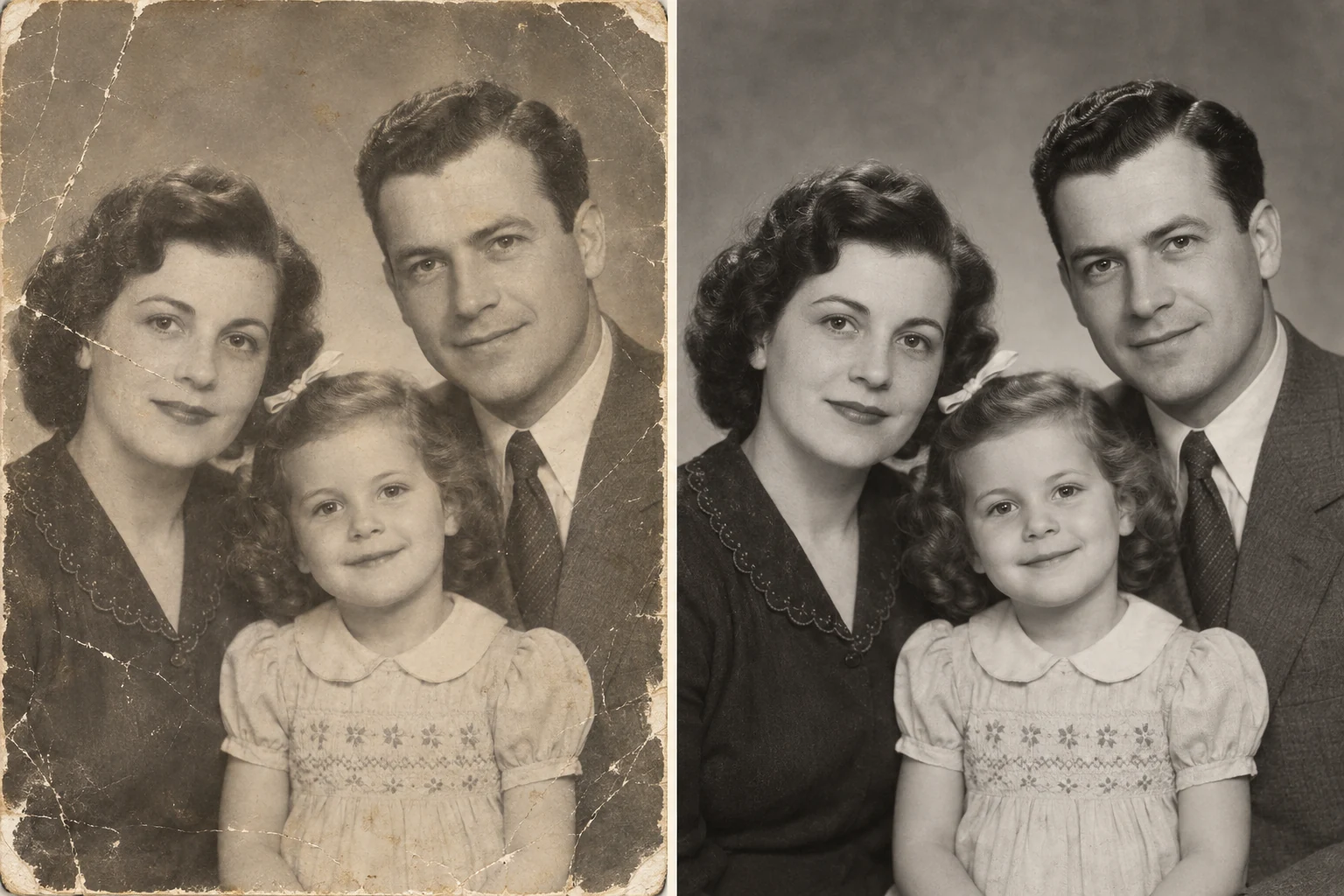 Comparaison de la même photo de famille ancienne : abîmée et délavée à gauche, restaurée en noir et blanc à droite