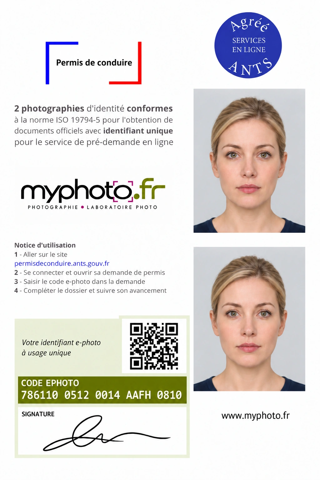 Planche ePhoto pour permis de conduire, avec code et signature