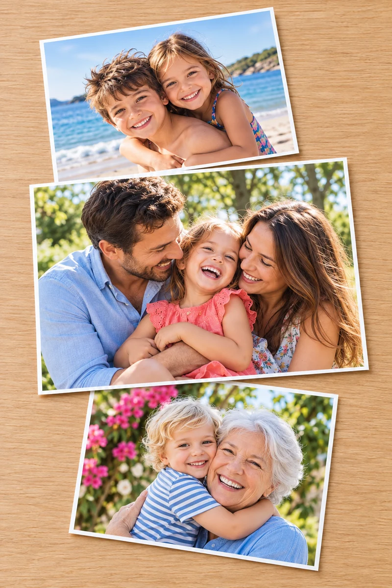 Tirages photo de souvenirs heureux en famille et en vacances