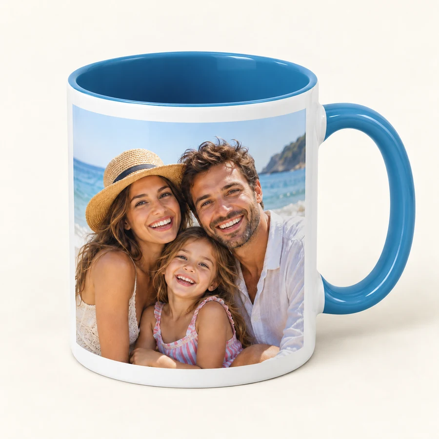 Mug bleu clair personnalisé avec une photo