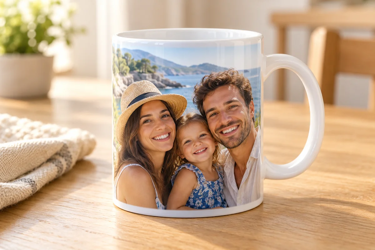 Mug blanc personnalisé avec une photo de famille souriante, mis en scène sur une table en bois